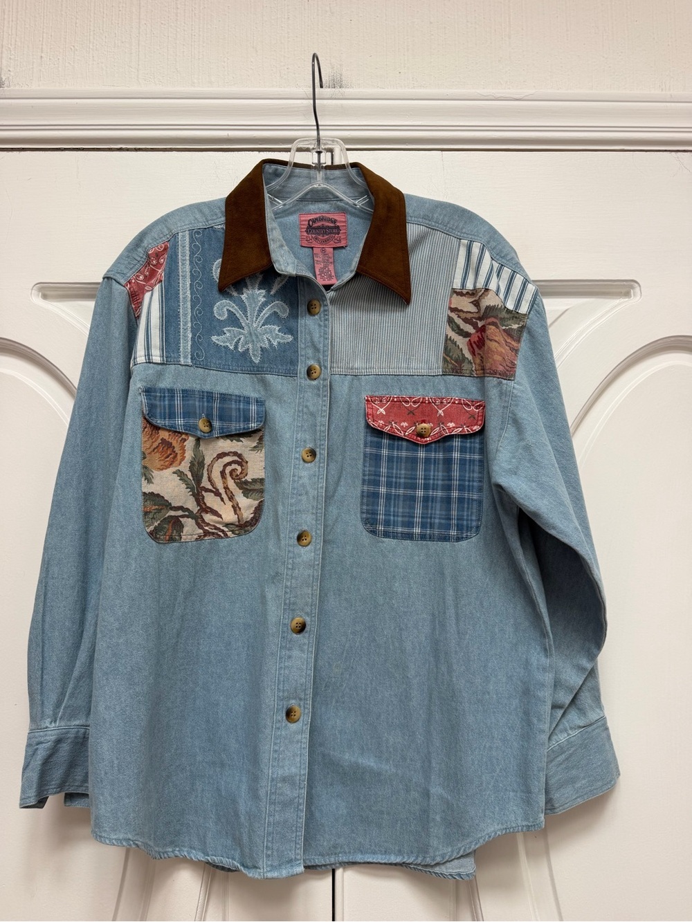 Patchwork Denim Button-Up Shirt with Brown Collar Cottagecore - Picture 1 of 7